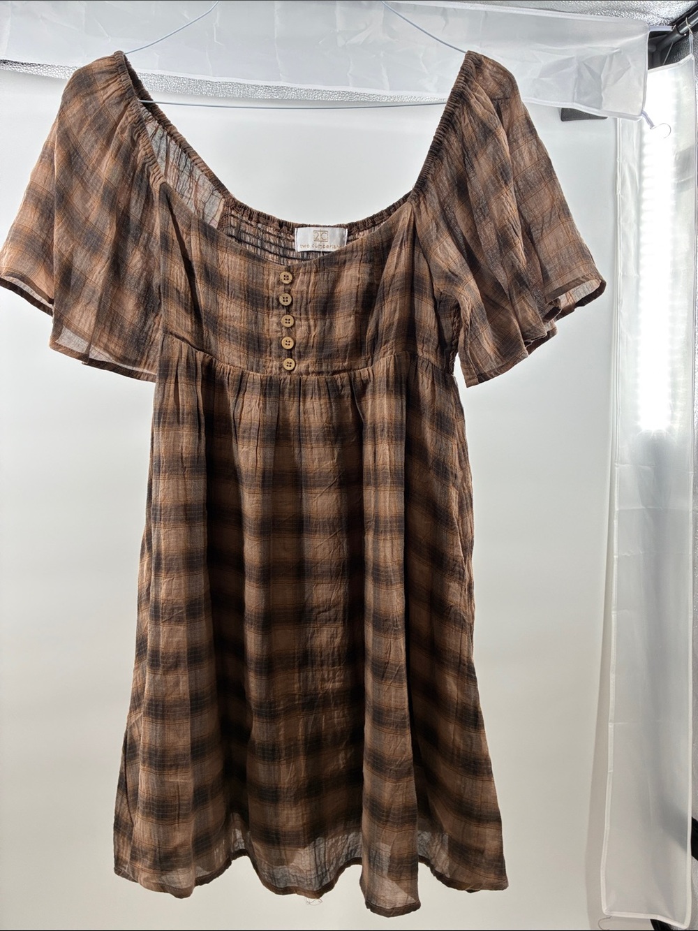 Rust-Brown Plaid Off-Shoulder Women’s Dress